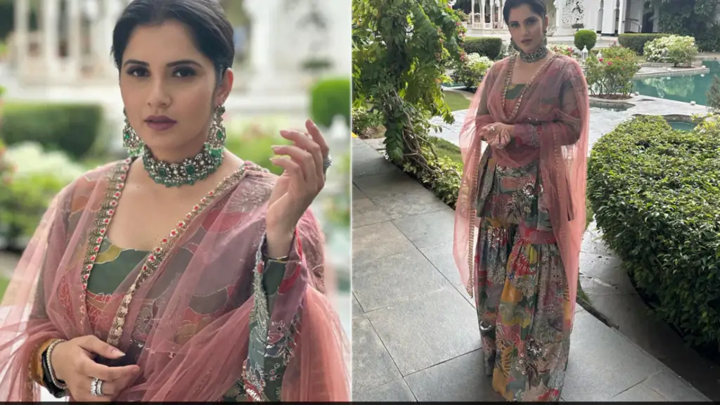 "Parineeti ki bestie Sania Mirza ne wedding guest style bar mein festive floral sharara pehnaya."