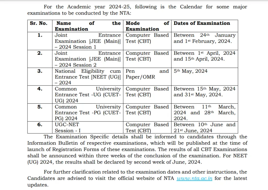 2024 NTA pariksha calendar jaari