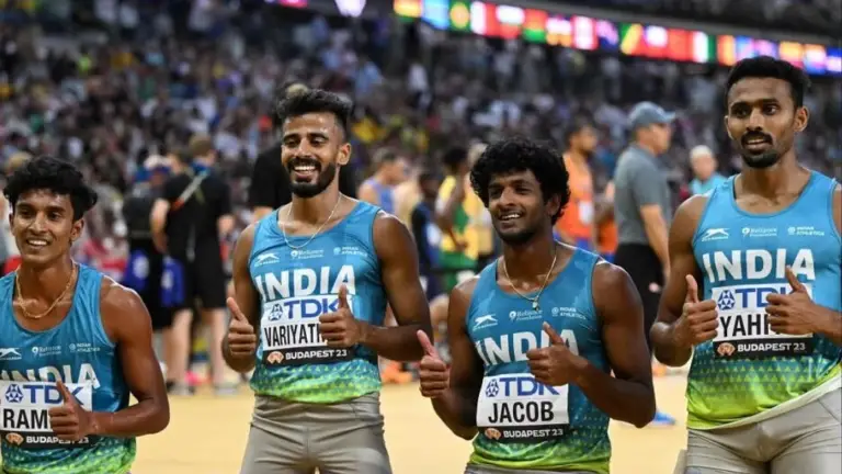 Purushon ki 4x400 meter relay team ne swarn padak jeeta kyonki Bharatiya athletes ne Hangzhou mein Asian Games mein padak ki daud jari rakhi.