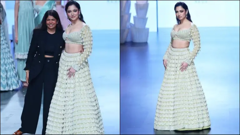 Lakme Fashion Week mein motiyon se sajaaye gaye manmohak lehenge mein Tamanna Bhatia Vaani Vats ke liye showstopper bani.