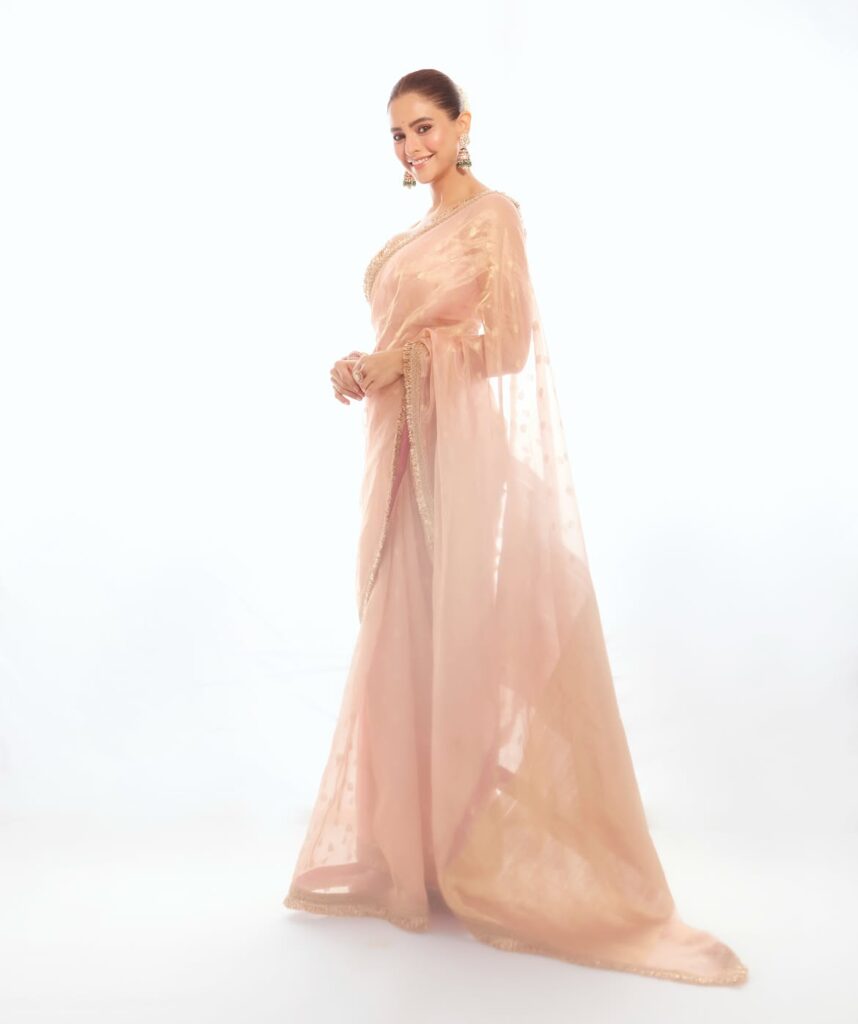 Aamna Sharif Peach Saree Look